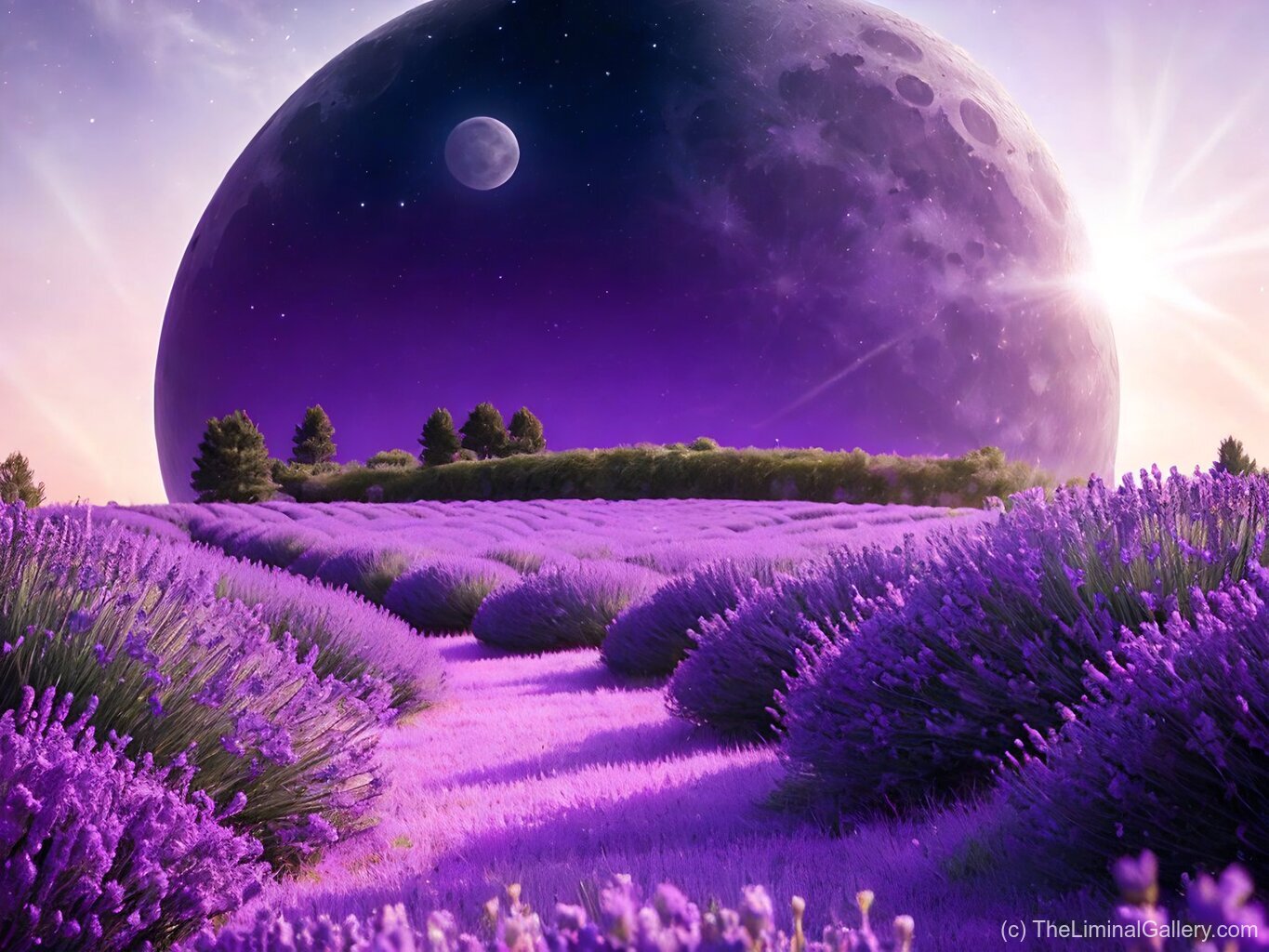 A surreal dreamscape illuminated by a lavender moonlit sky, blending elegance and otherworldly beauty.